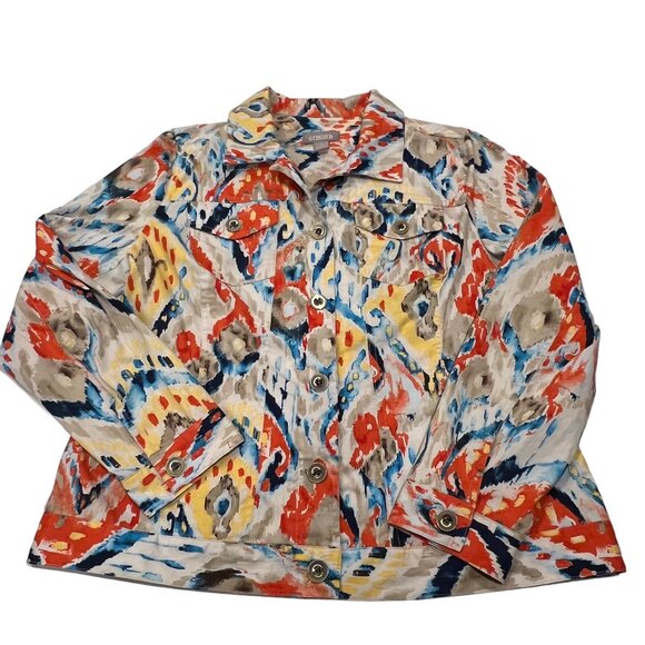 Chico's Ikat Print Cotton Jacket, White Multi, M - Picture 5 of 8